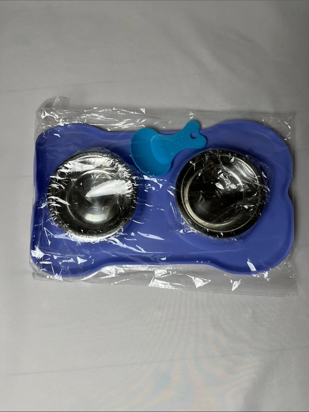 Blue Dual Pet Bowl with Spoon - Silicone Base